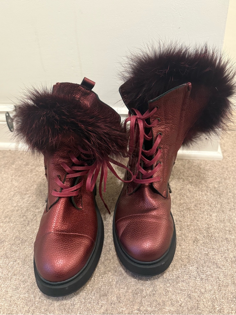 Metallic Burgundy Lace-Up Fur-Trim Combat Boots